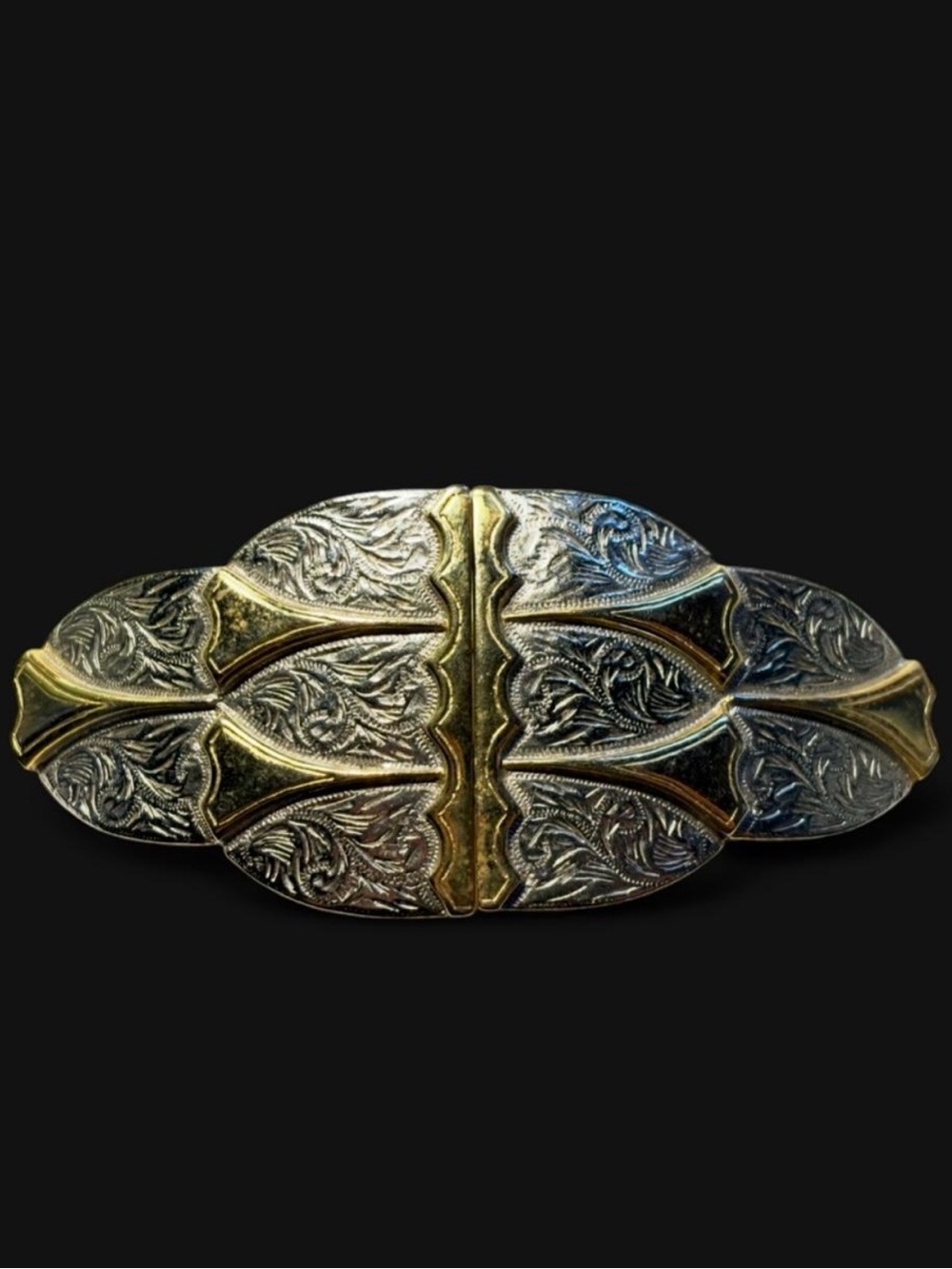 Large 80s carved Western-style silver and gold belt buckle by Accessocraft